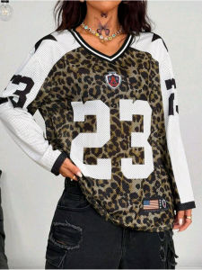 Women Cool Leopard Print Digital V-neck T-shirt Vintage Niche Personality Loose Comfortable Casual Sport Long Sleeve Top T-shirt