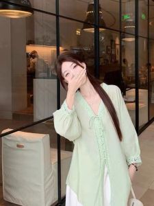 เสื้อเชิ้ตแขนยาวสีเขียวลายลูกไม้หลวมๆ สำหรับผู้หญิง ทรงหลวม ใส่สบาย ทรงเข้ารูป เสื้อผ้าทำงานสไตล์เกาหลี