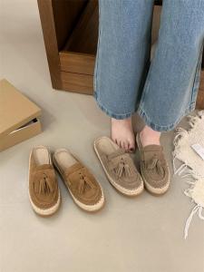Leather Retro Casual Womens Slip-On Flat Bottom Mules Summer Outdoor Wear Fisherman Shoes Sweet Hollow out Design Rubber Sole