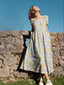 INMAN | Floral Print Waist-accentuated Lace and Puff Sleeves Dress