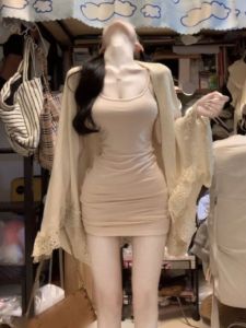 CHANGTONG | Slim Fit Wrap Dress with Lace Cape Spring Outfit Set