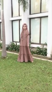 Gamis Syari Ceruty Babydoll Set Khimar Mix Serut Buka Payung