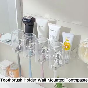 Wall mounted toothbrush storage rack  automatic toothpaste dispenser bathroom mouthwash cup