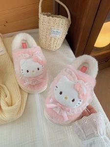 Cozy Home Slippers Womens Soft Bottom Cotton Slippers Cute Hello Kitty Pattern Warm Winter Indoor Shoes Butterfly Knot Detail