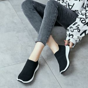 Best Seller Women K Fashion Sock Shoes 1839 Flying Weaving Ventilation Mesh Surface Shoes For Casual Slip On Casual Flats Loafers For Lady Korean Rubber Non-slip Sneakers