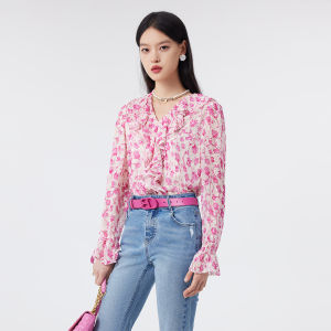 Bathina Silk Chiffon Shirt Womens New Style Pink Luxury Fashionable Silk Top V-neck Long Sleeve Floral Patterned Sweet Style