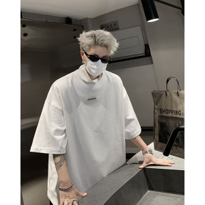 Half High Middle Collar Black Short-Sleeved T-shirt Mens Summer Fancy Hair Stylist Fashion Brand Mens Clothing Pure Cotton Inner Bottoming Shirt