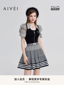 Aivei Zipper Stripe Bubble Sleeve Knitwear Sweet College Style British Fashion Womens Summer Casual Short Sleeve Polo Neck