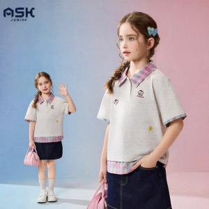Ask Junior | Summer New Girls Plaid Fake Two-Piece T-Shirt
