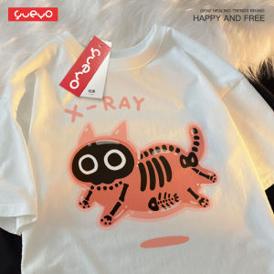 เสื้อยืดผู้ชายทรงหลวมสไตล์ญี่ปุ่น INS ลายการ์ตูนแบบออริจินัลอินเทรนด์คอตตอนแท้แขนสั้นลายแมวเหมียวหลากสี