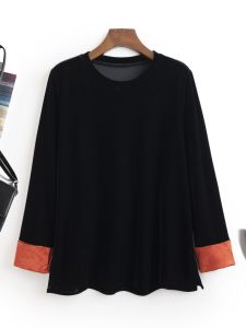 New Chinese Style Womens Velvet T-Shirt Spring 2025 Seasonal Contrast Color Embroidery Sleeve Upgraded National Trend Base Shirt Top