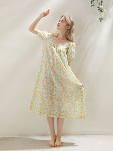 XEXZ | Pure Cotton Short Sleeve Lace Print Sleepwear Womens Summer New Style Floral Patterned Nightgown Comfortable Breathable Sleep Dress