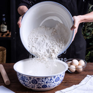 อ่างล้างหน้าและอ่างล้างหน้าเซรามิกสีฟ้าและสีขาวอ่างล้างหน้าเซรามิกแบบโบราณอ่างล้างหน้าเพิ่มความหนาไซส์ใหญ่กะละมังล้างผักในห้องครัวใช้ในบ้าน