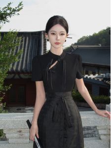 Black Hanfu Style Chinese New Style Button up Top Slimming T plus Black National Style Horse Face Skirt Art Museum Group Set