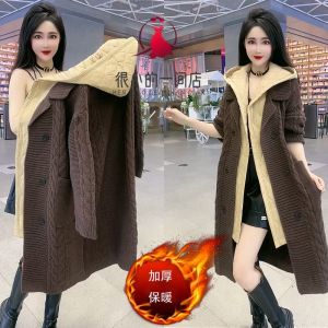 Korean Style Hooded Thickened Mid-Length Loose Womens Jacket Autumn Winter New Fashionable Sweater Coat Simple Commute Style