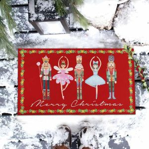 Thảm Chùi Chân Giáng Sinh VIKAMA In Màu Đỏ Nutcracker Ballerina Holly Border Thảm Polyester Thấm Nước Cho Lối Vào Hành Lang Trang Trí Phòng Tắm