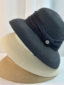Spring Summer New Hepburn Style Outdoor Travel Sunshade Straw Hat French round Top Sun Protection Hat Folded Decoration Belt Large Brim Hat