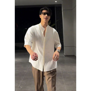 New Chinese Style White Mens Short Sleeve Shirt Summer Lightweight Ice Silk Slim Fit Sun Protection Seven Sleeve Business Casual Shirt