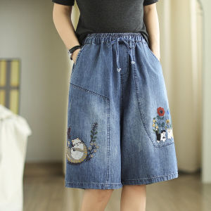 Embroidered Loose Denim Shorts for Women Summer Thin Section Mid Waist Wide Leg Style Light Color 2024 New Arrival