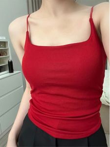 chaqi | Retro Hong Kong Style Spicy Girl Red Pleated Waist Belted Tank Top Women Summer Outerwear Base Layer Hot Spicy Top
