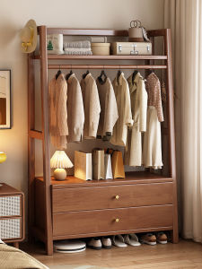 Solid Wood Clothes Hat Rack with Drawer Floor Standing Bedroom Nightstand Integrated Storage Multi-Functional Organizer Rack