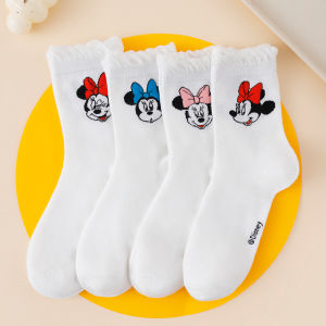 Disney | 4 Pairs of New Disney Minnie White Round Neck Socks With Cute Cartoon Print and Ruffled Casual Cotton Edges for Women and Girls