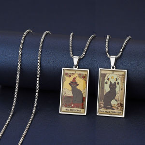 Fashion Stainless Steel Epoxy Cat Tarot Card Necklace For Men Women Animal Divination Jewelry
