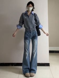 กางเกงยีนส์ทรงหลวมเอวต่ำสไตล์ย้อนยุคสีน้ำเงิน กางเกงขายาวทรงหลวมสำหรับผู้หญิงสูง 175 ซม.