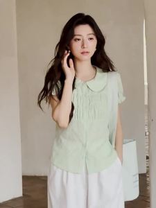 seemon | Korean Style High-end Green Small Jacquard Bubble Sleeve Peter Pan Collar Short-sleeved Blouse