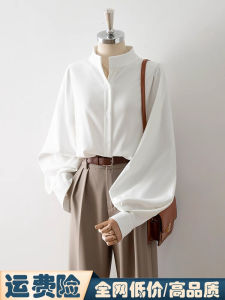 Retro Hong Kong Style Long Sleeve Lantern Sleeve Shirt Womens Loose Fit Design Sensation Niche Spring Autumn New Model Stand Collar