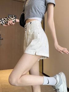 White High Waist Loose Fit A-Line Denim Shorts Women Summer 2023 Slimming Hot Pants Cotton Stretch Fabric Zipper Closure