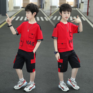 Boys Summer Outfit Set Short Sleeve Trendy Clothes Cotton Fabric Casual Style for Middle And Large Children Korean Style