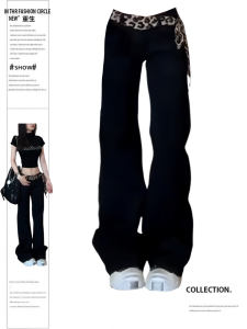 Plus Size American Street Low Waist Denim Women Fall New Arrival Slightly Oversized Girls Leopard Print Lace up Straight Slimming Pants