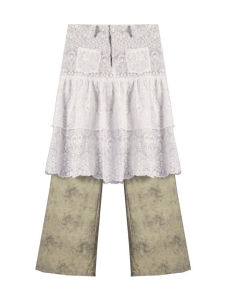 กางเกงขายาวทรงตรงผ้าลายลูกไม้สีขาวสไตล์ลำลองสำหรับผู้หญิง ดีไซน์กระชับสัดส่วน กระโปรงกางเกงผู้หญิง Tagkita