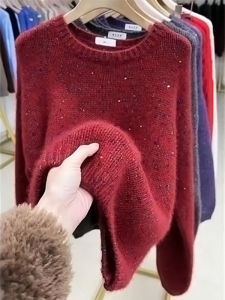 Red Knitted Sweater Womens Style Winter Warm Inner Wear Sequin Top High-End Feeling Commute Loose Fit Long Sleeve round Neck