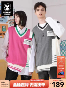 เสื้อสเวตเตอร์คอวีแขนกุดสีแดงหลวมๆ สำหรับผู้ชาย ฤดูใบไม้ร่วง 2023 แฟชั่นสตรีท วัสดุผ้าฝ้ายผสมโพลีเอสเตอร์