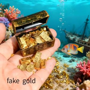 1 Set Mini Pirate Treasure Chest with Golden Coins & Bars - Sturdy Metal Aquarium Decor Pirate-Themed Fish Tank Ornament