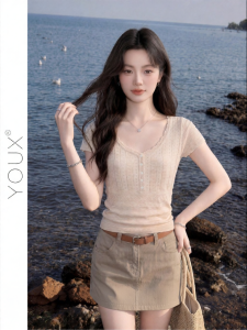 YOUXIANG | Áo Thun Mỏng Dài Tay Cổ V Ôm Sát Gợi Cảm