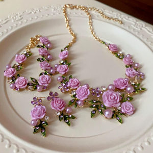 Romantic Rose Flower Necklace Bracelet Stud Earrings Jewelry Set Womens Fashion Pink Purple Choker Necklace Party Wedding K0
