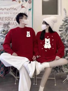 Special Autumn Winter Christmas High Quality Knitted Sweater Couple Matching Loose Fit round Neck Long Sleeve Print Top