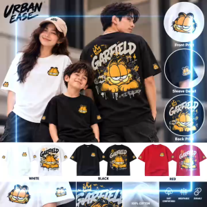 URBAN EASE Garfield Graphic T Shirt Adult Kids Matching Family Outfit Oversized Cotton Tee Front Back Print
