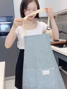 Women Cotton Linen Fashionable Striped Apron With Adjustable Kitchen Coffee Shop Garden Work Uniform