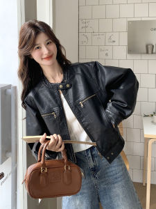 Black Hong Kong Style Short Leather Jacket Womens Fashionable Autumn 2025 New Motorcycle Style PU Leather Coat