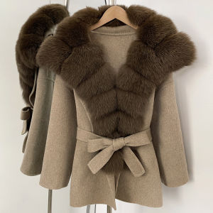 Áo Khoác Lông Cáo Thật Sang Trọng Dành Cho Nữ Thiết Kế Thắt Lưng Thanh Lịch Áo Khoác Len Thường Ngày Thu/Đông Áo Khoác Ngoài Kiểu Dáng Rộng Eo