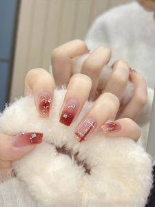 Nghệ Thuật Làm Móng Mùa Xuân Hè Mới Màu Đỏ Nâu Trái Tim Ngọt Ngào Dập Nổi Kim Cương Ô Kẻ Sơn Móng Tay Thủ Công Chống Thấm Nước Có Thể Tháo Rời