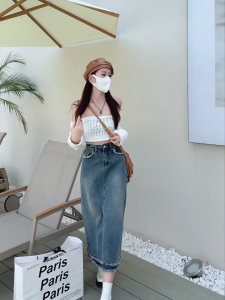 Rok denim rok panjang pinggang tinggi fashion wanita terbuat dari kain ny rok jeans modis