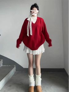 Red V-Neck Sweater Womens Christmas Style Lazy Fashion Knitted Top Winter Season Mid-Length Loose Fit Korean Style Long Sleeve