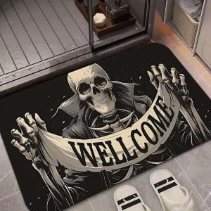 Thảm Chùi Chân Halloween Hình Bộ Xương Gothic VIKAMA Thảm Chống Trượt Hình Đầu Lâu Ma Quái Cho Lối Vào Cửa Trước Thảm Trải Sàn Polyester Tối Màu Với Phong Cách Hiện Đại Trang Trí Nhà Cửa.