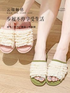 Indoor Breathable Lace Slippers Womens Home Fabric Slippers Anti-Slip Waterproof Sweat Absorbent Quiet Floor Walking Sandals