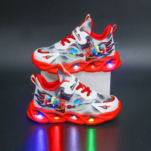 Childrens Anti-slip Breathable Single Net Sport Shoes 2025 New Summer Lighting Dad Shoes Whicha Glowing LED Light Net Shoes